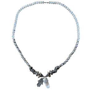 Clear Beaded Crystal at Bullet Hand of Fatima Pendant Necklace Silver Tone